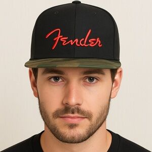 NWT Fender Black Hat Red Logo Camouflage Brim Flatbill SnapBack Hat, One Size